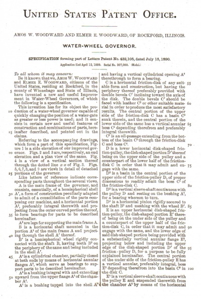 WOODWARD WATER WHEEL GOVERNOR PATENT 432,105. PAGE 3